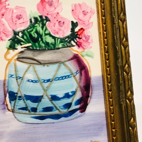 Vintage Hand Painted Ceramic Pair of Decorative Tiles by M. Angelo 5”-5” - Picture 2 of 10